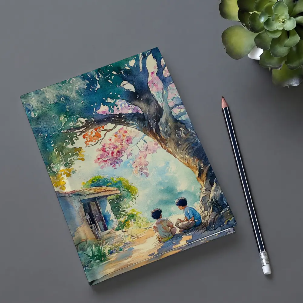 Two Boys Sitting Under Large Tree Watercolor – Notebooks