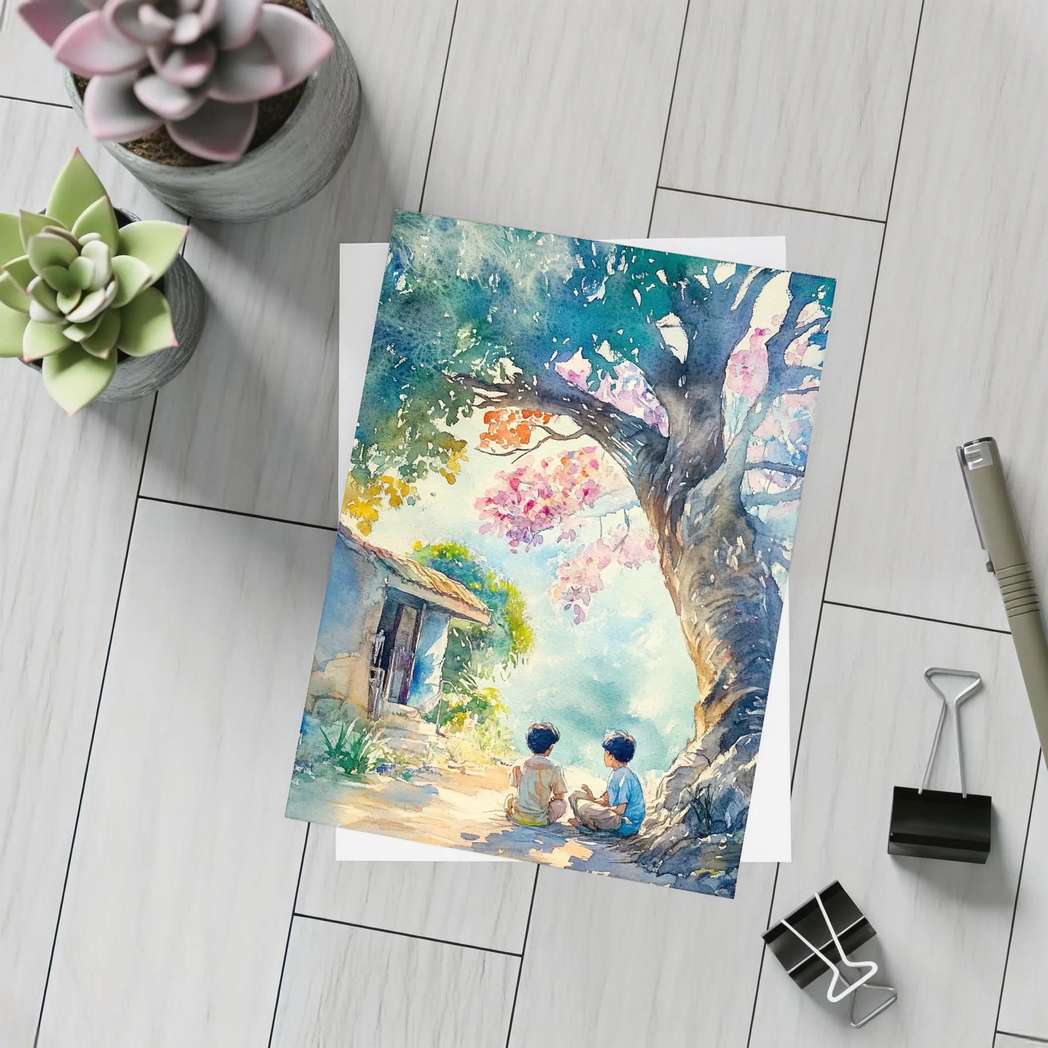 Two Boys Sitting Under Large Tree Watercolor – Postcards