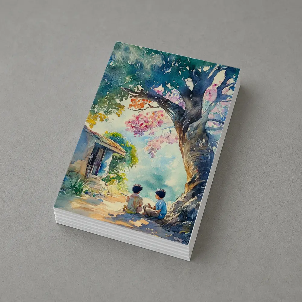Two Boys Sitting Under Large Tree Watercolor – Postcards