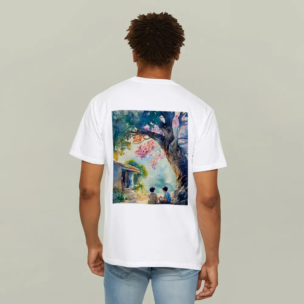 Two Boys Sitting Under Large Tree Watercolor – T-Shirts