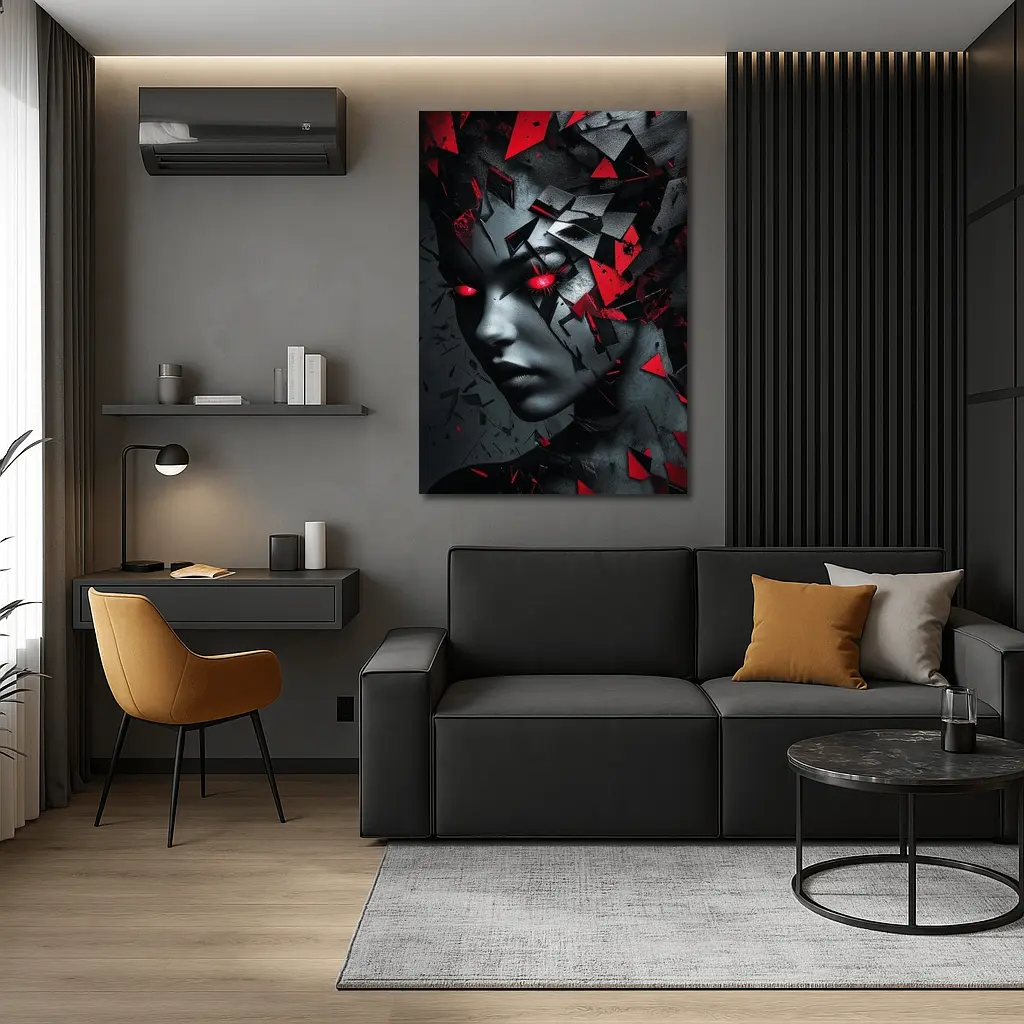 Shattered Woman Face Red Glowing Eyes – Wall Art