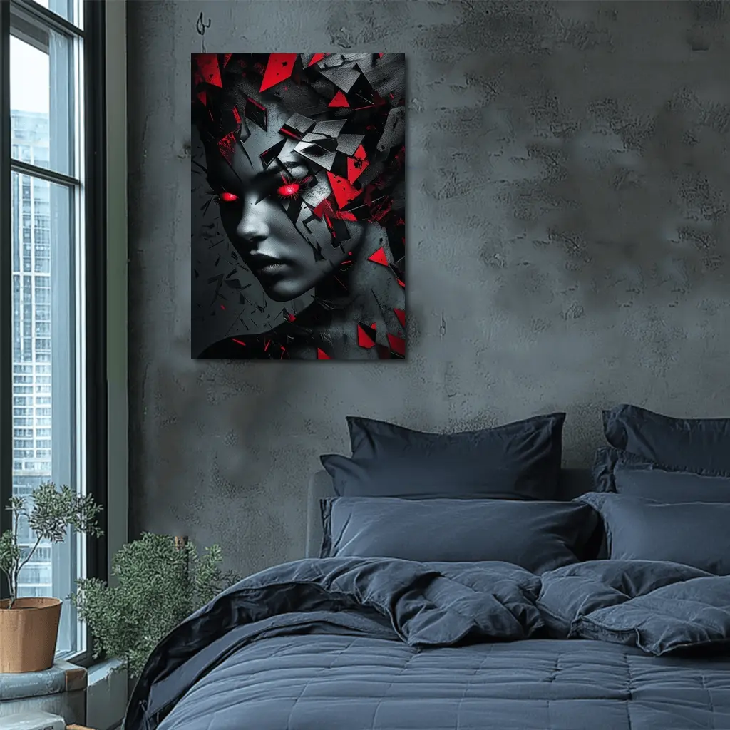 Shattered Woman Face Red Glowing Eyes – Wall Art