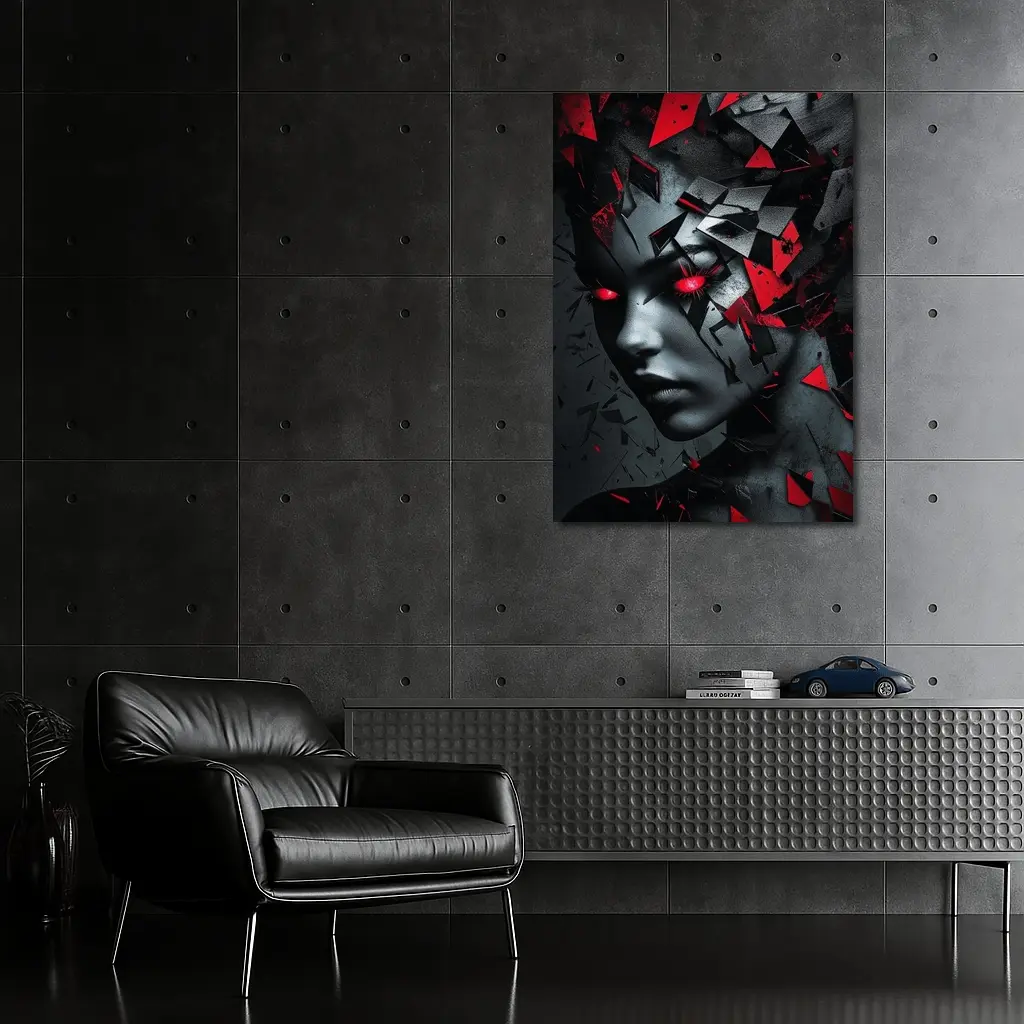 Shattered Woman Face Red Glowing Eyes – Wall Art