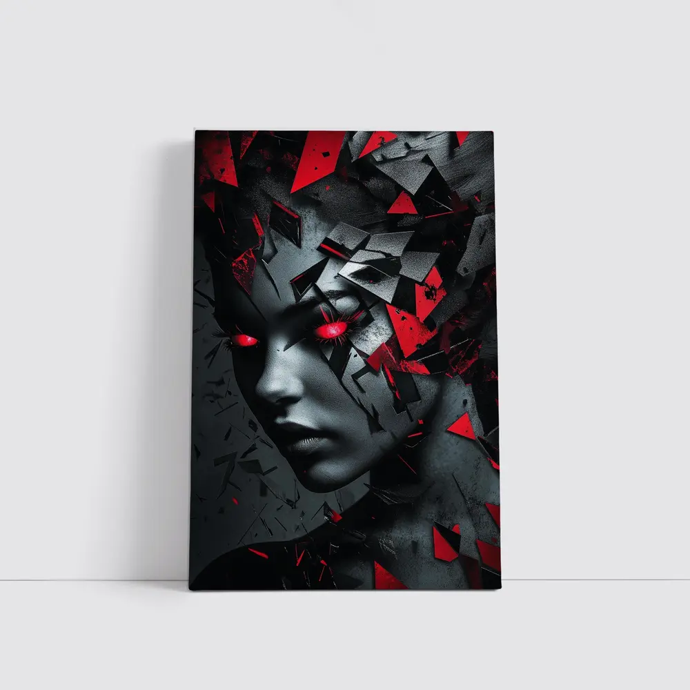 Shattered Woman Face Red Glowing Eyes – Wall Art
