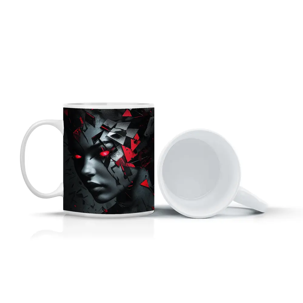 Shattered Woman Face Red Glowing Eyes – Mugs
