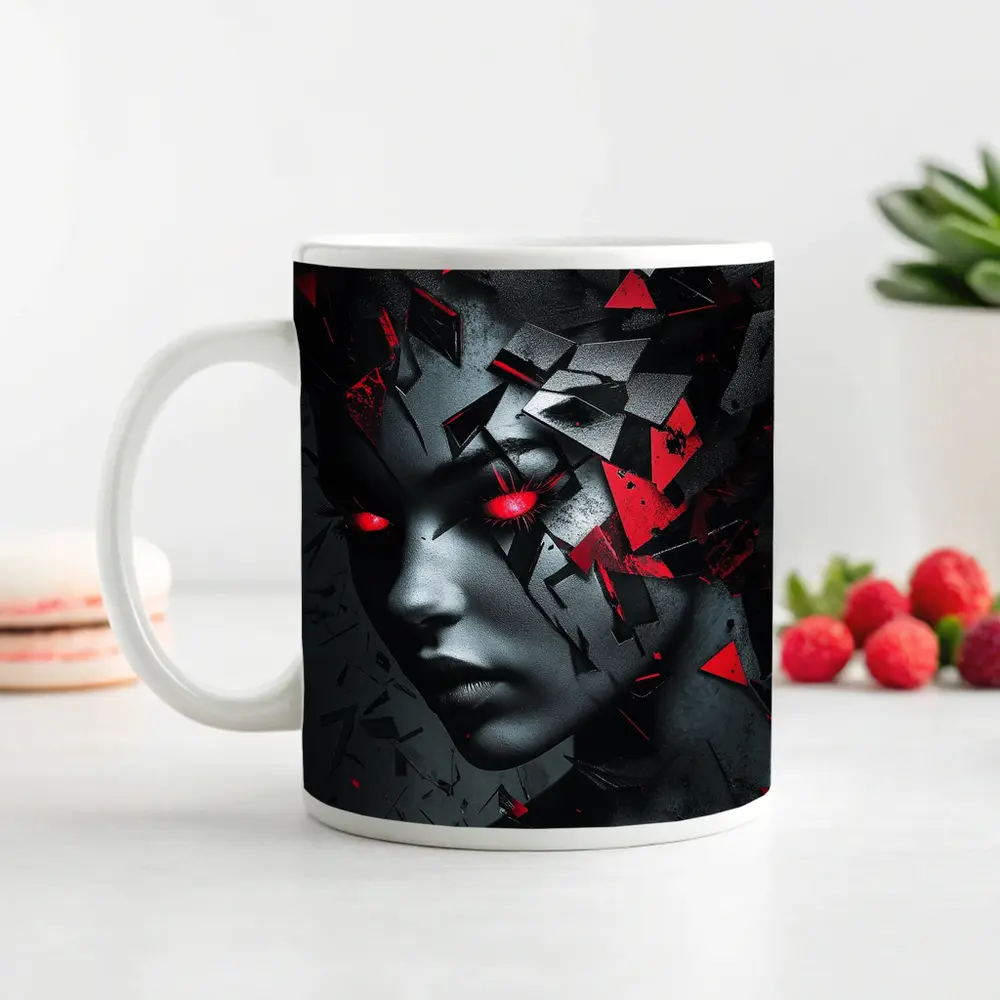 Shattered Woman Face Red Glowing Eyes – Mugs