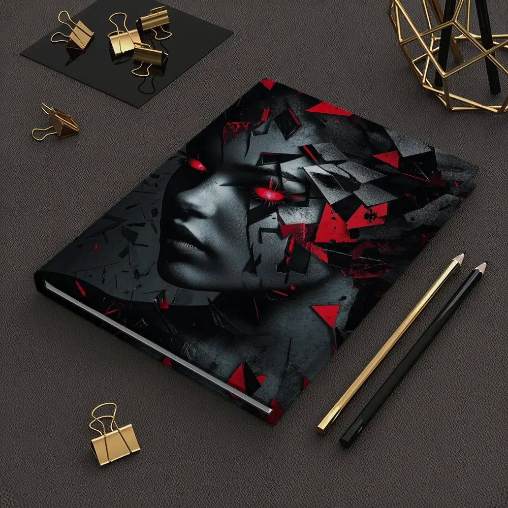 Shattered Woman Face Red Glowing Eyes – Notebooks