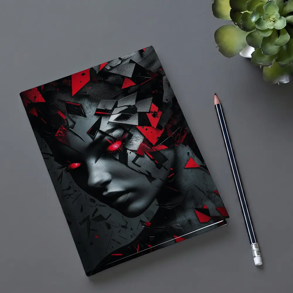 Shattered Woman Face Red Glowing Eyes – Notebooks