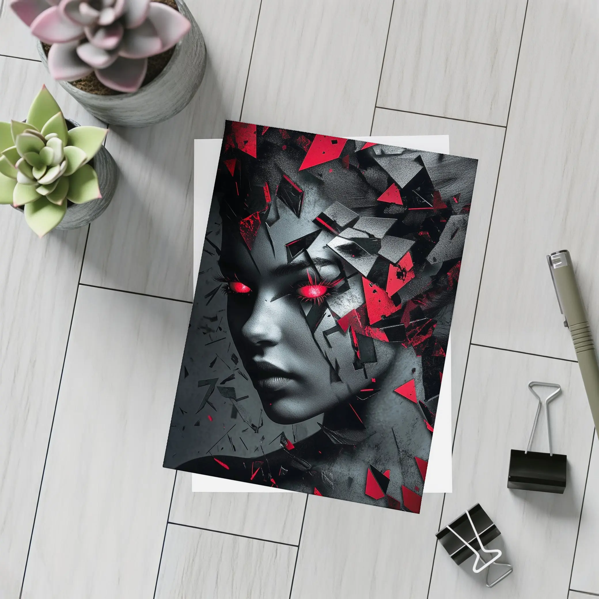 Shattered Woman Face Red Glowing Eyes – Postcards