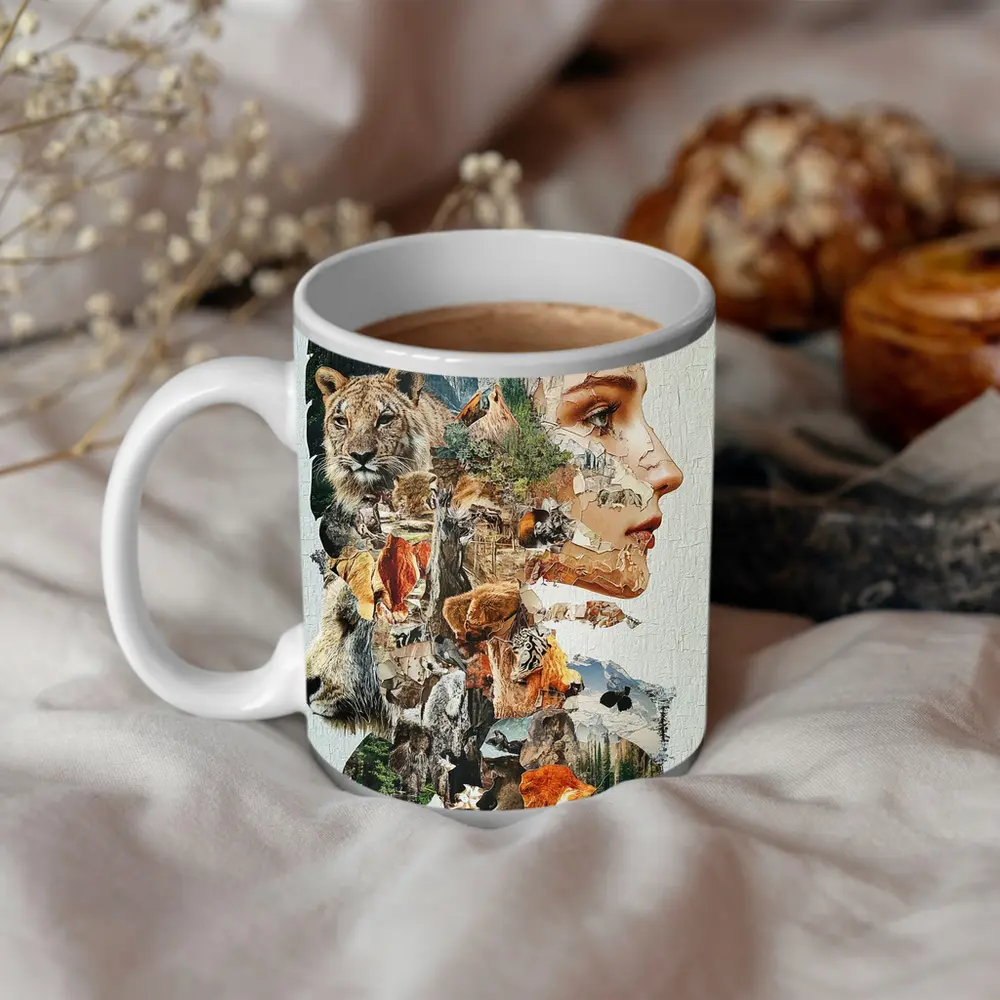 Woman Face Wildlife Nature Collage Art – Mugs