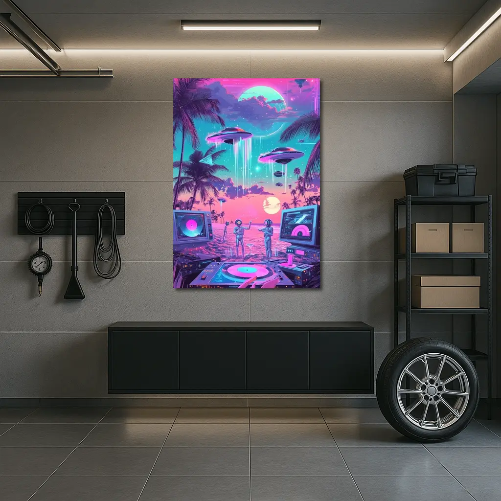 Retro Synthwave Beach UFO DJ Scene – Wall Art