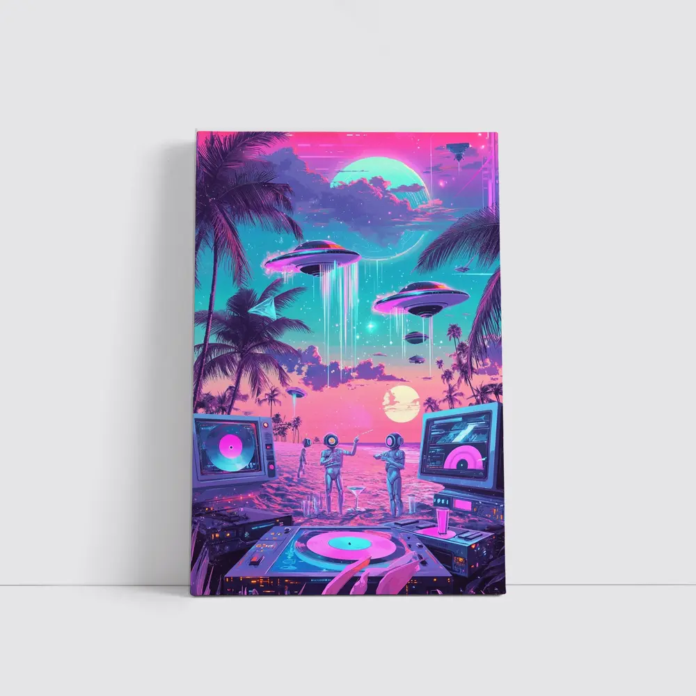 Retro Synthwave Beach UFO DJ Scene – Wall Art