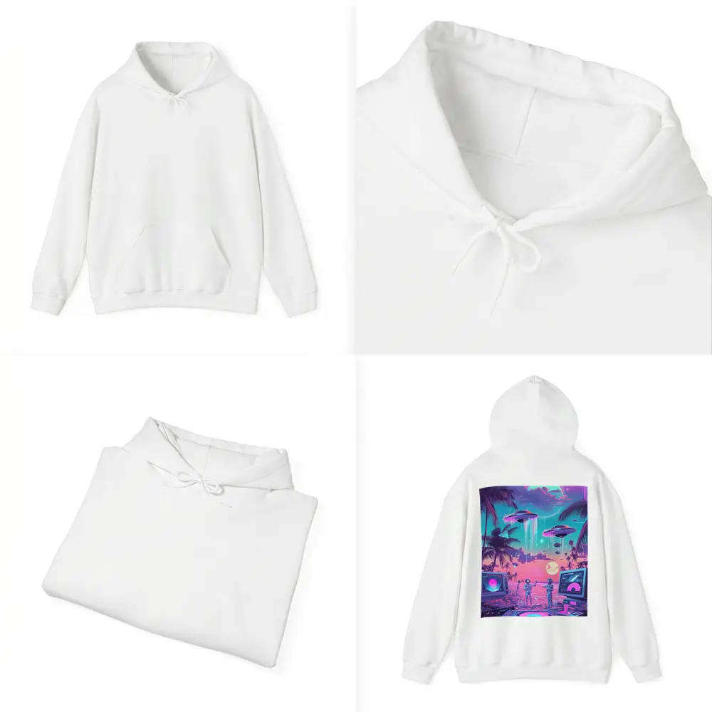 Retro Synthwave Beach UFO DJ Scene – Hoodies