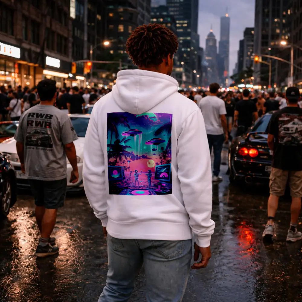 Retro Synthwave Beach UFO DJ Scene – Hoodies