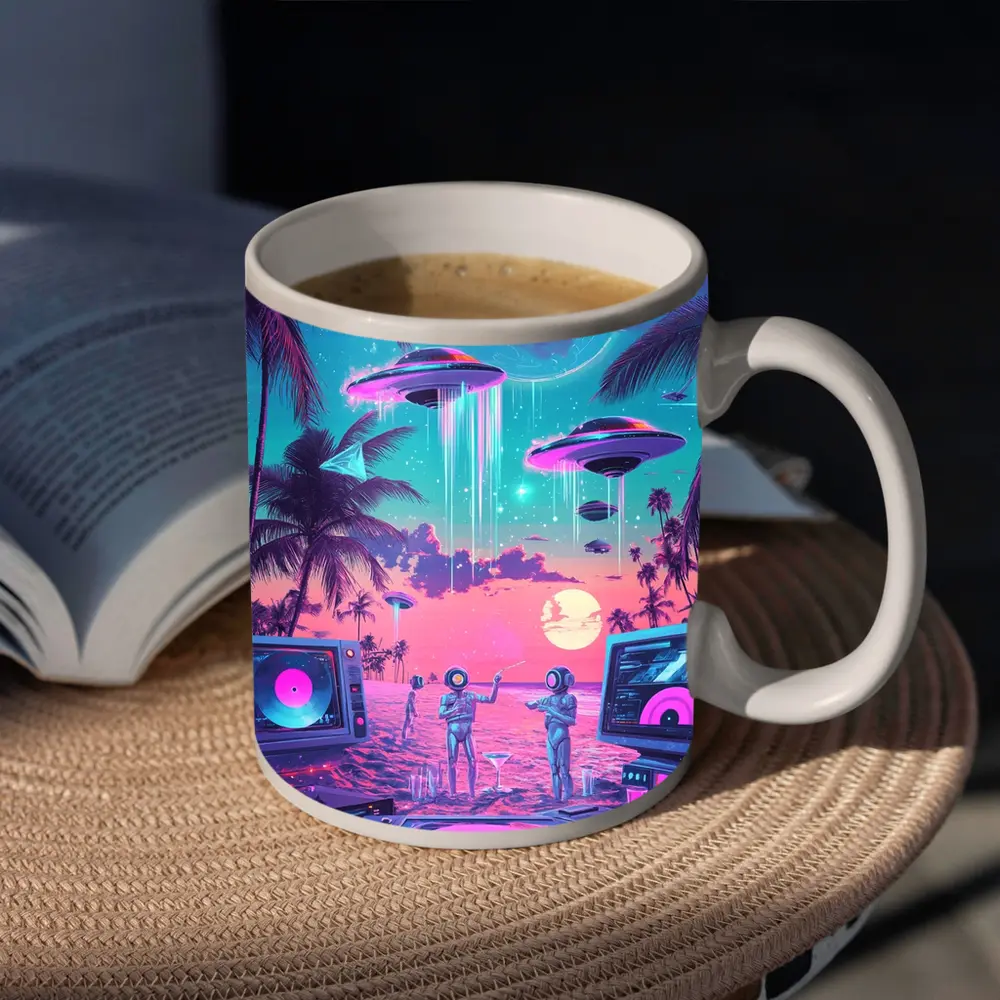 Retro Synthwave Beach UFO DJ Scene – Mugs
