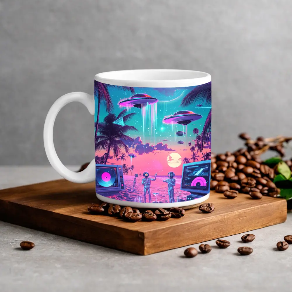 Retro Synthwave Beach UFO DJ Scene – Mugs