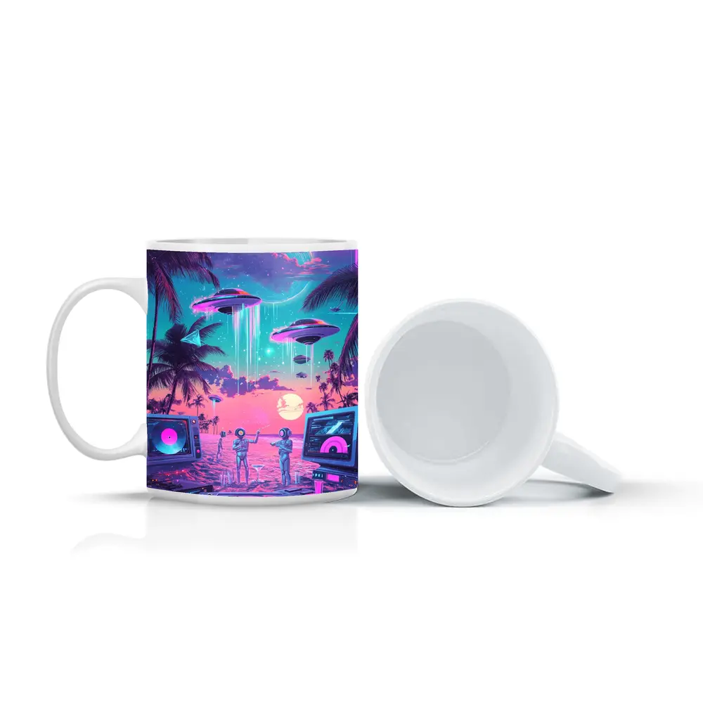 Retro Synthwave Beach UFO DJ Scene – Mugs