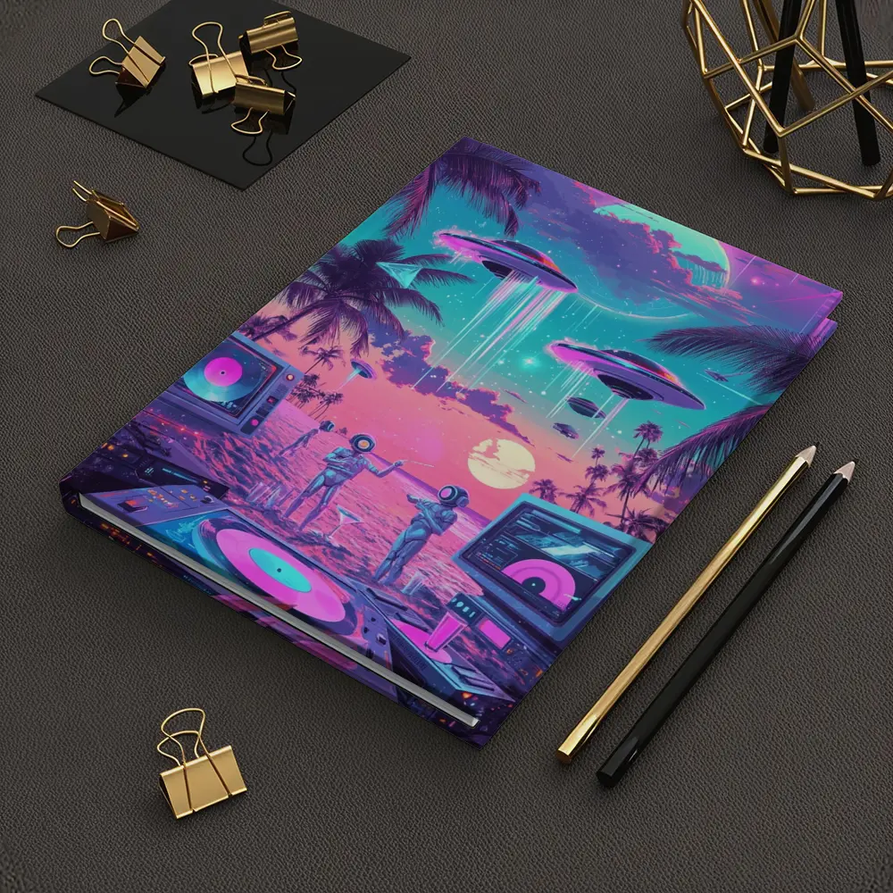 Retro Synthwave Beach UFO DJ Scene – Notebooks