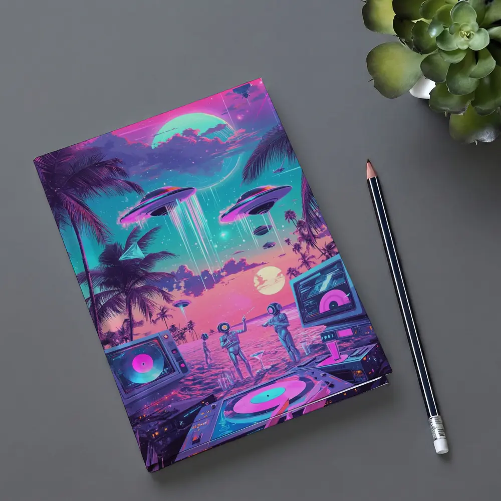 Retro Synthwave Beach UFO DJ Scene – Notebooks