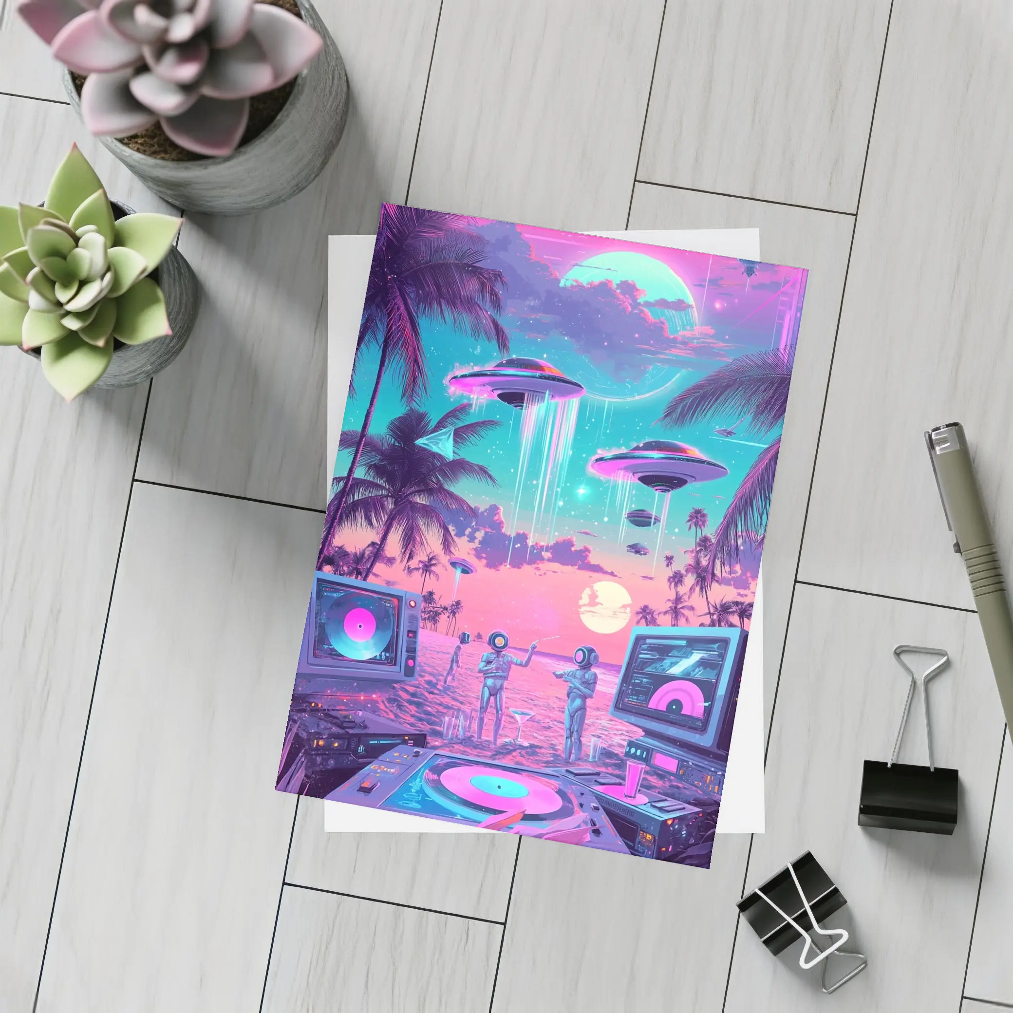 Retro Synthwave Beach UFO DJ Scene – Postcards