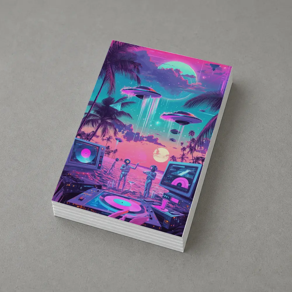 Retro Synthwave Beach UFO DJ Scene – Postcards
