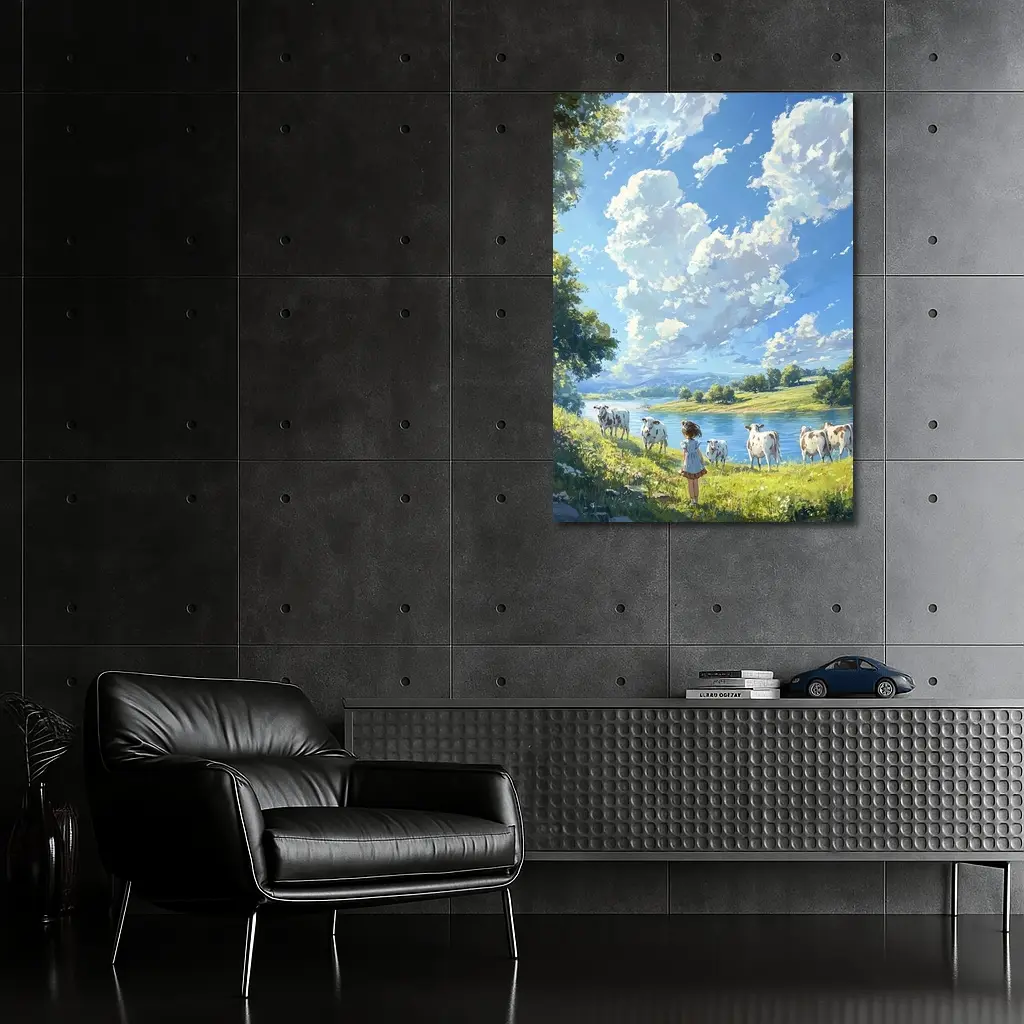 Anime Girl With Cows By River – Wall Art
