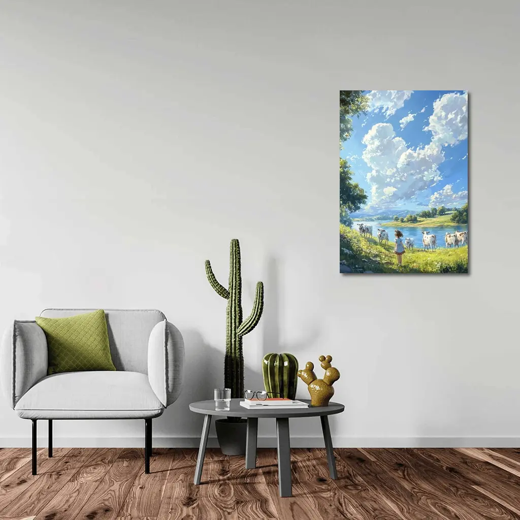 Anime Girl With Cows By River – Wall Art