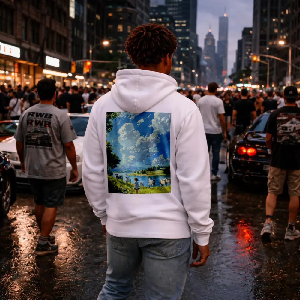 Anime Girl With Cows By River – Hoodies