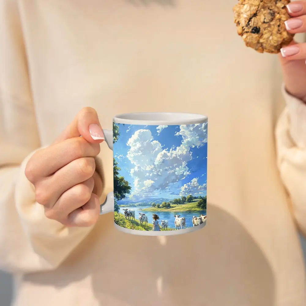 Anime Girl With Cows By River – Mugs