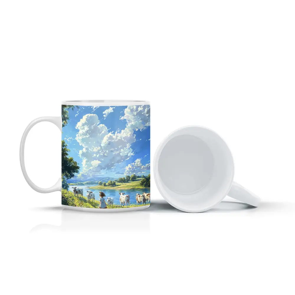 Anime Girl With Cows By River – Mugs
