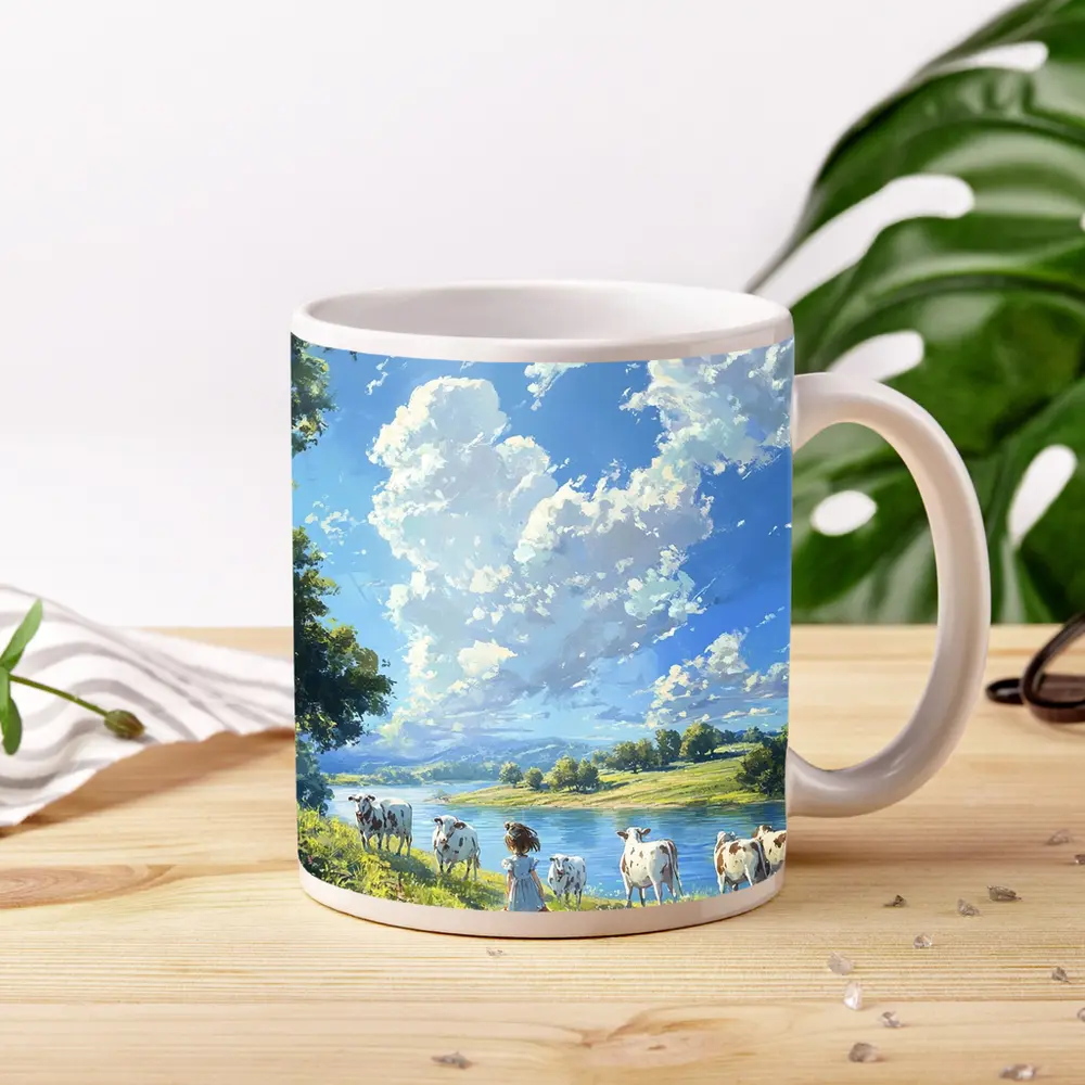 Anime Girl With Cows By River – Mugs