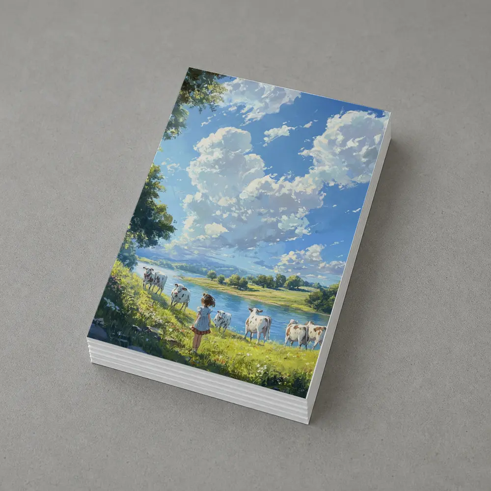 Anime Girl With Cows By River – Postcards