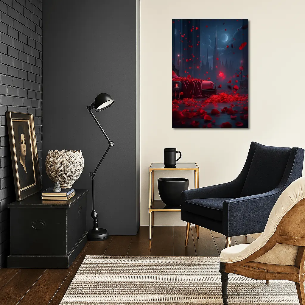 Red Rose Petals Dark Gothic Night Scene – Wall Art