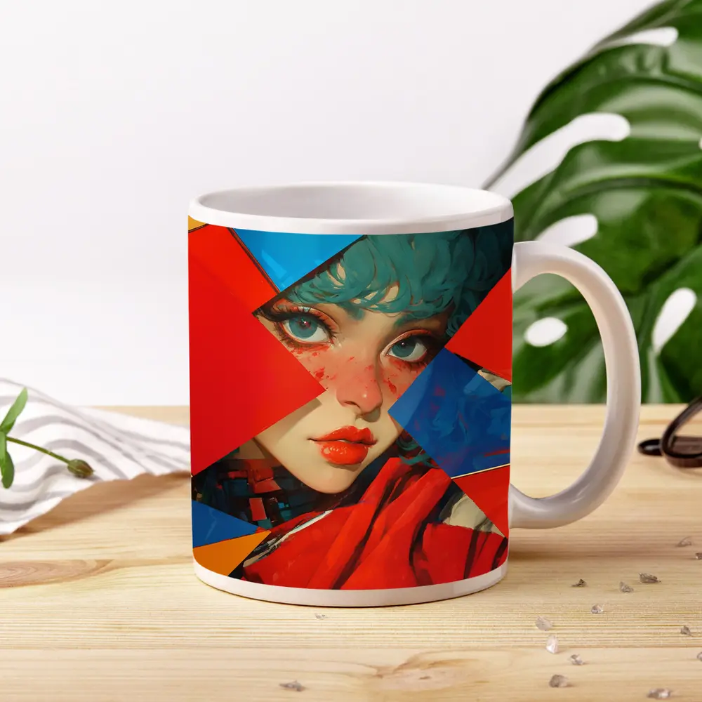 Teal Hair Girl Geometric Abstract Pop Art – Mugs