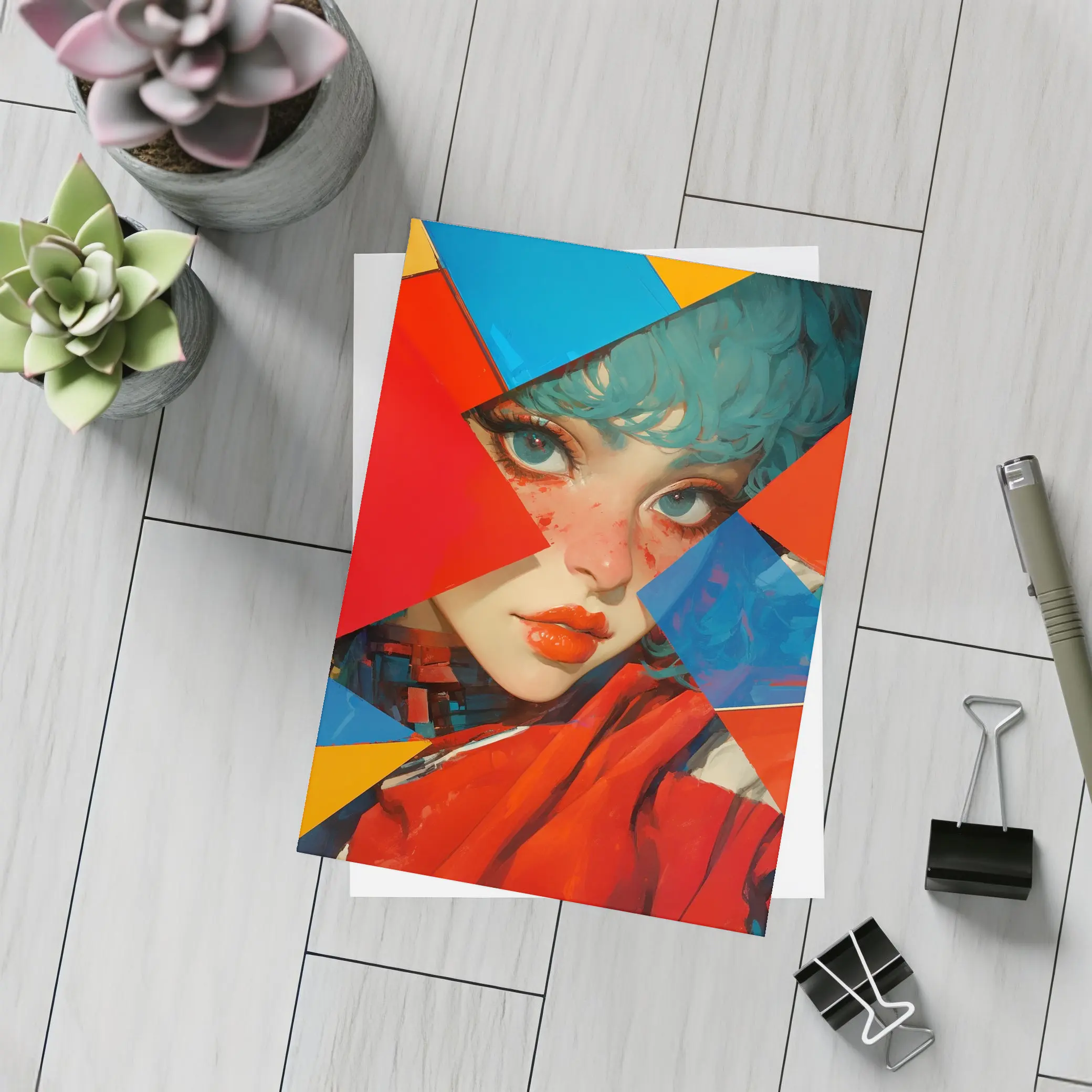 Teal Hair Girl Geometric Abstract Pop Art – Postcards
