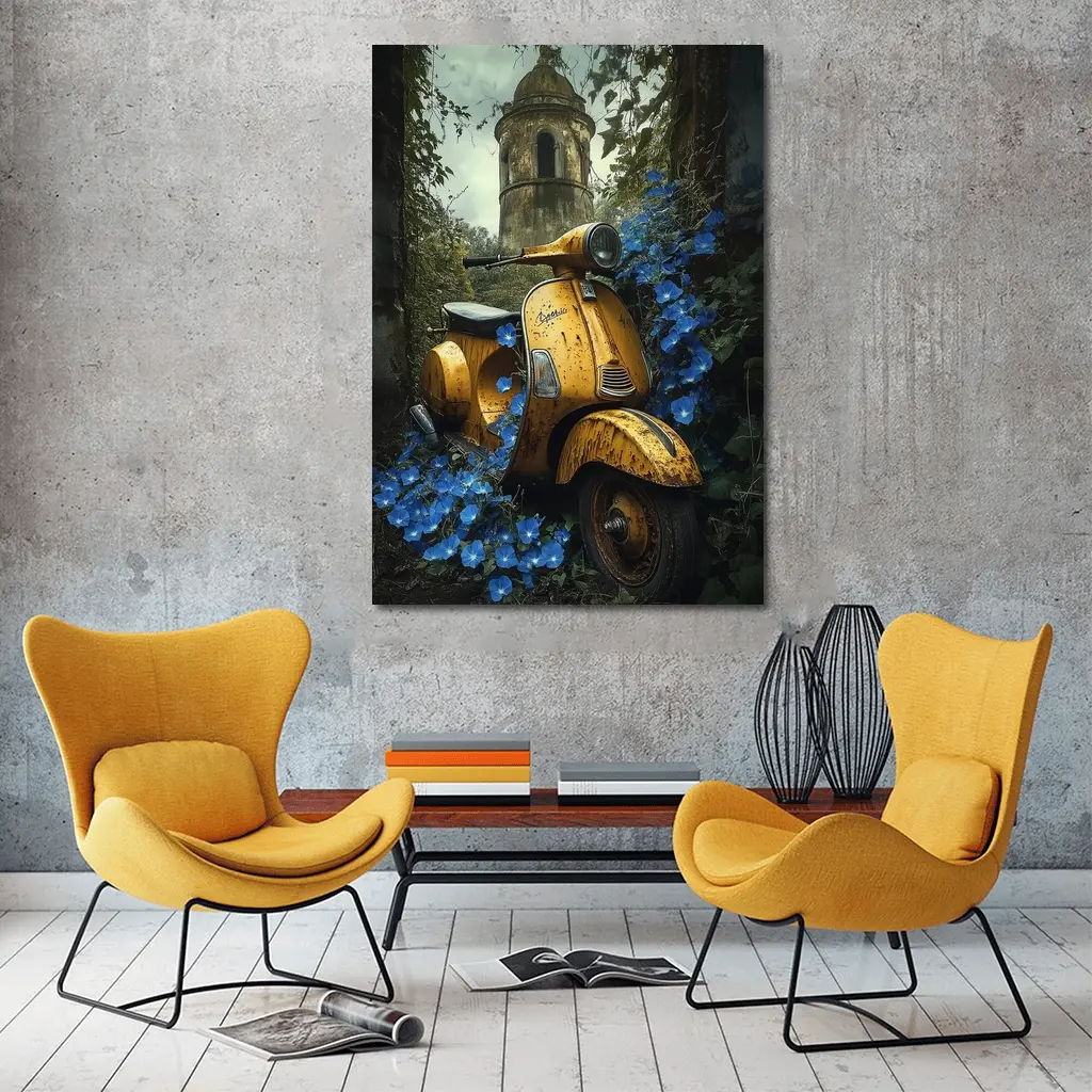 Rusty Yellow Vespa Scooter Blue Flowers Tower – Wall Art