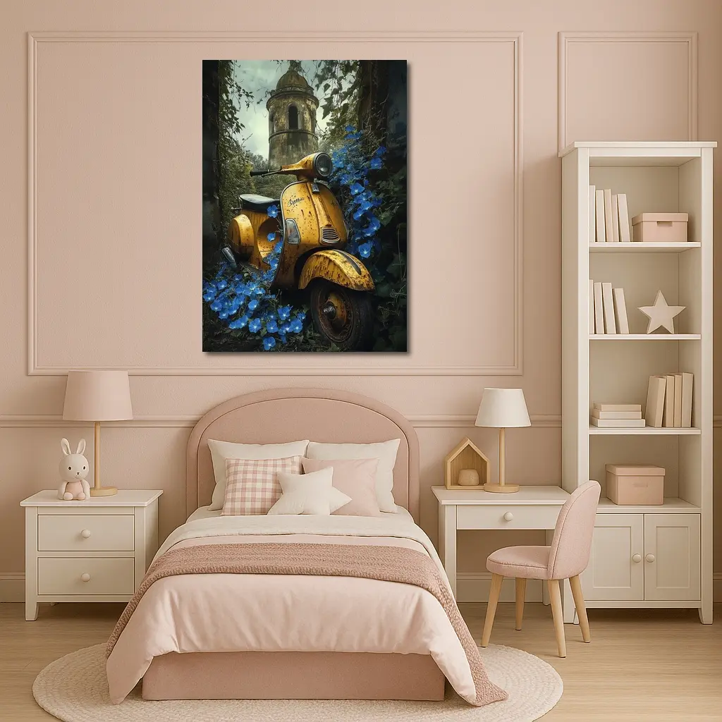 Rusty Yellow Vespa Scooter Blue Flowers Tower – Wall Art