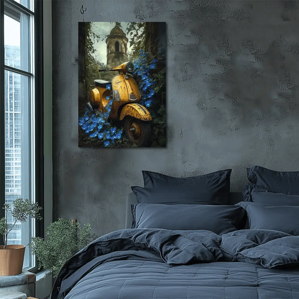 Rusty Yellow Vespa Scooter Blue Flowers Tower – Wall Art