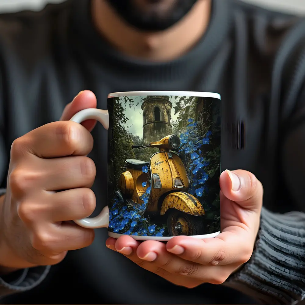 Rusty Yellow Vespa Scooter Blue Flowers Tower – Mugs