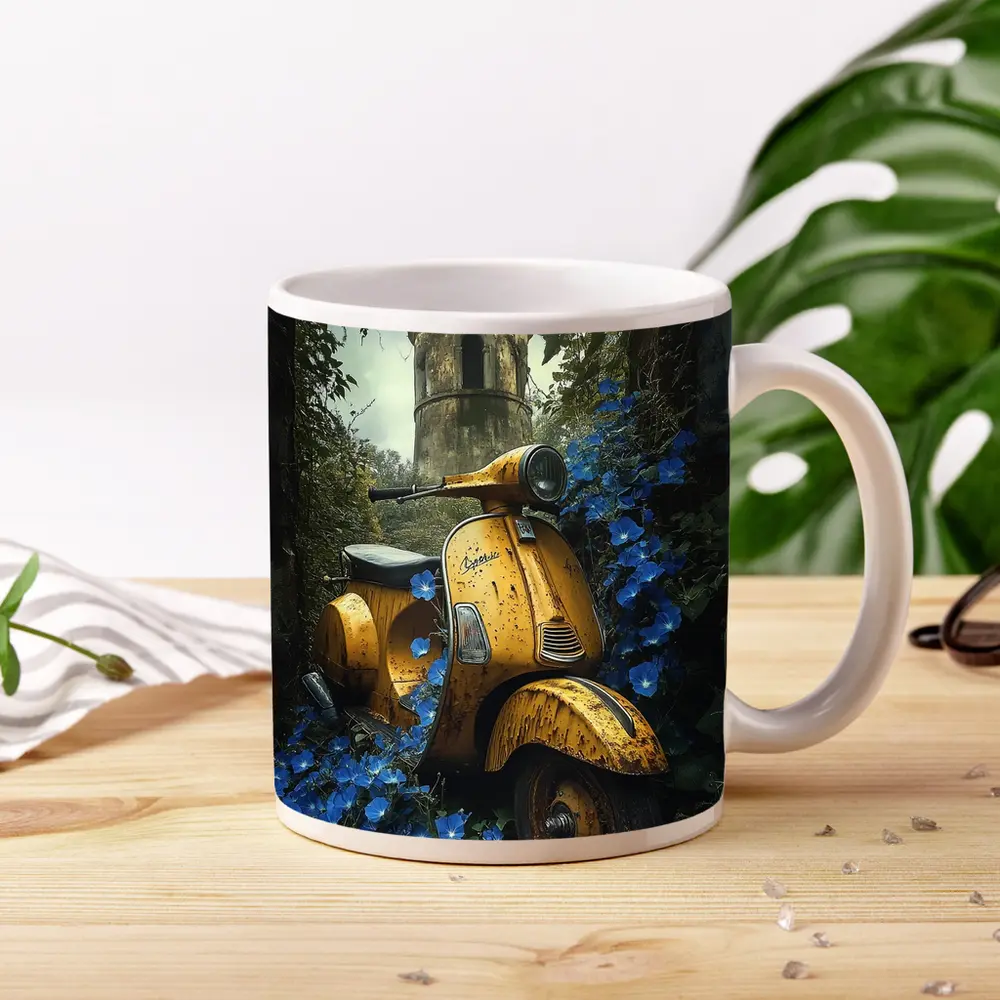 Rusty Yellow Vespa Scooter Blue Flowers Tower – Mugs