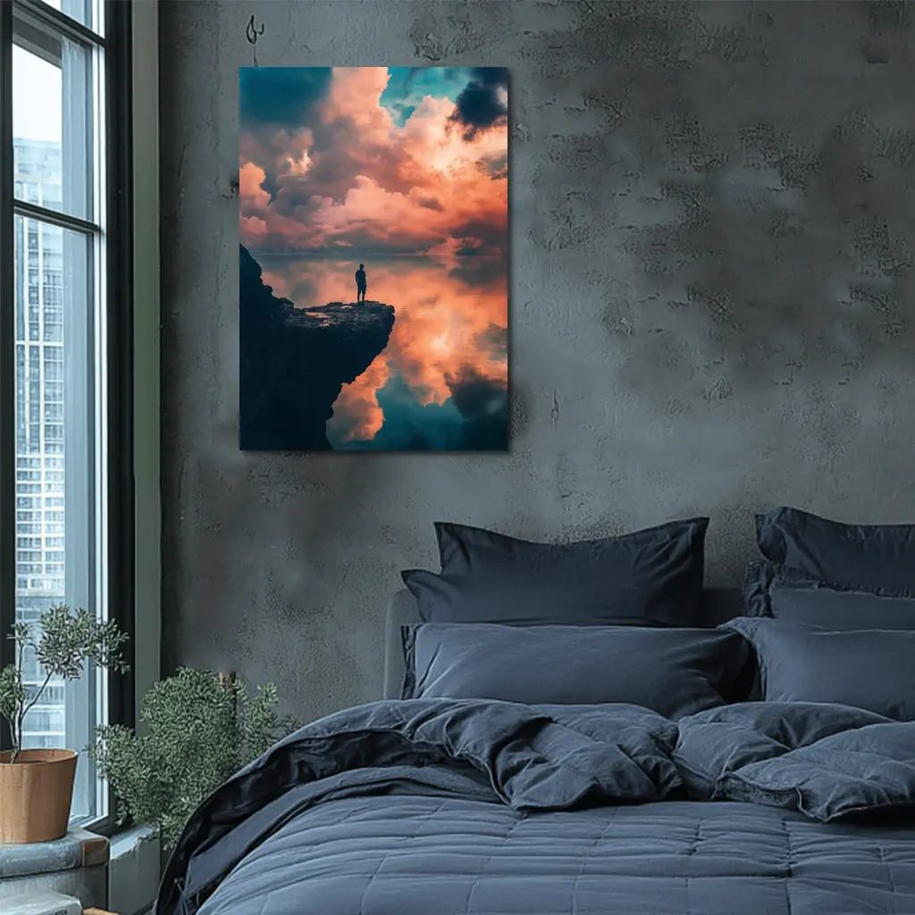 Lone Figure Standing on Cliff Dramatic Sky – Wall Art