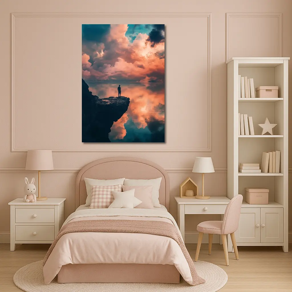 Lone Figure Standing on Cliff Dramatic Sky – Wall Art