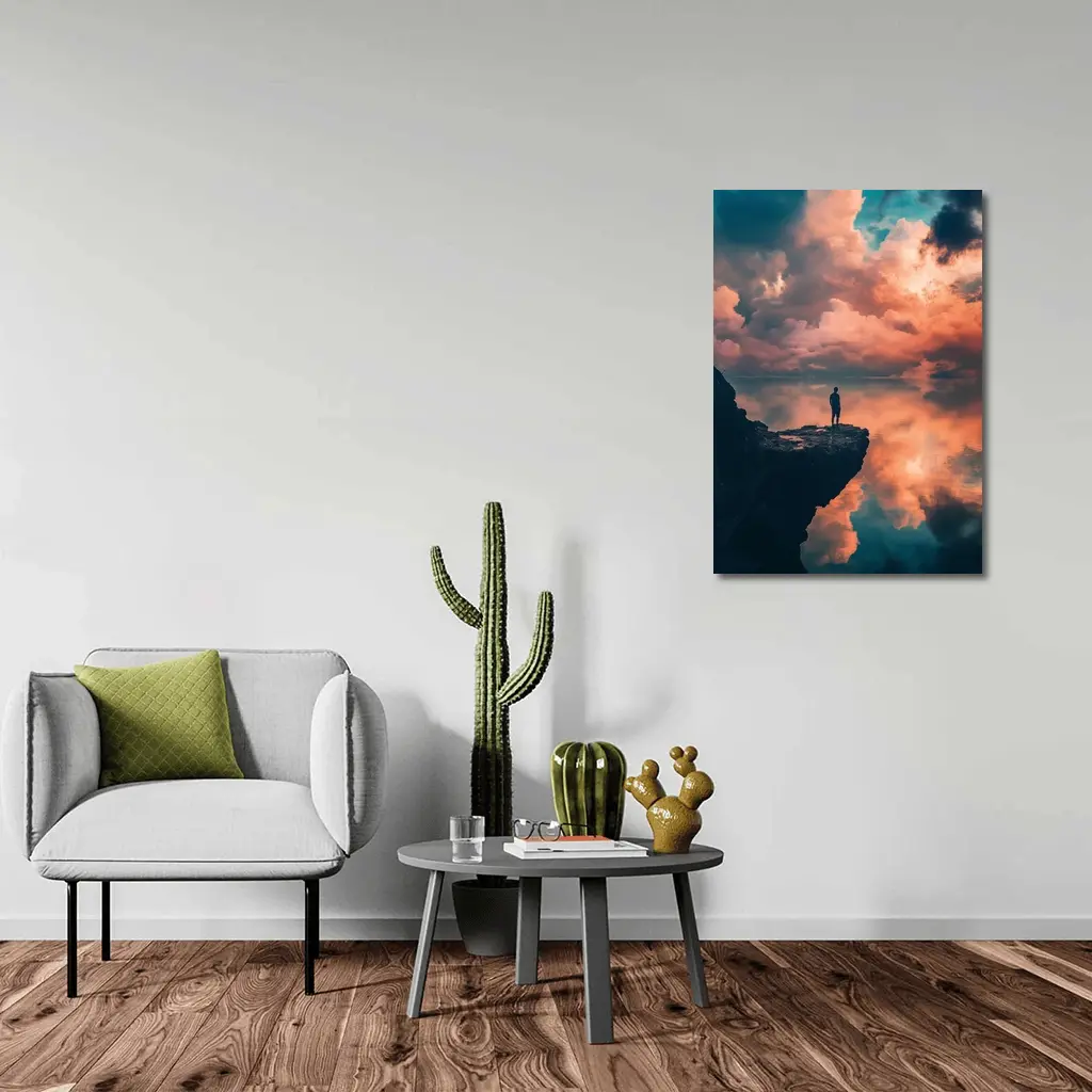 Lone Figure Standing on Cliff Dramatic Sky – Wall Art