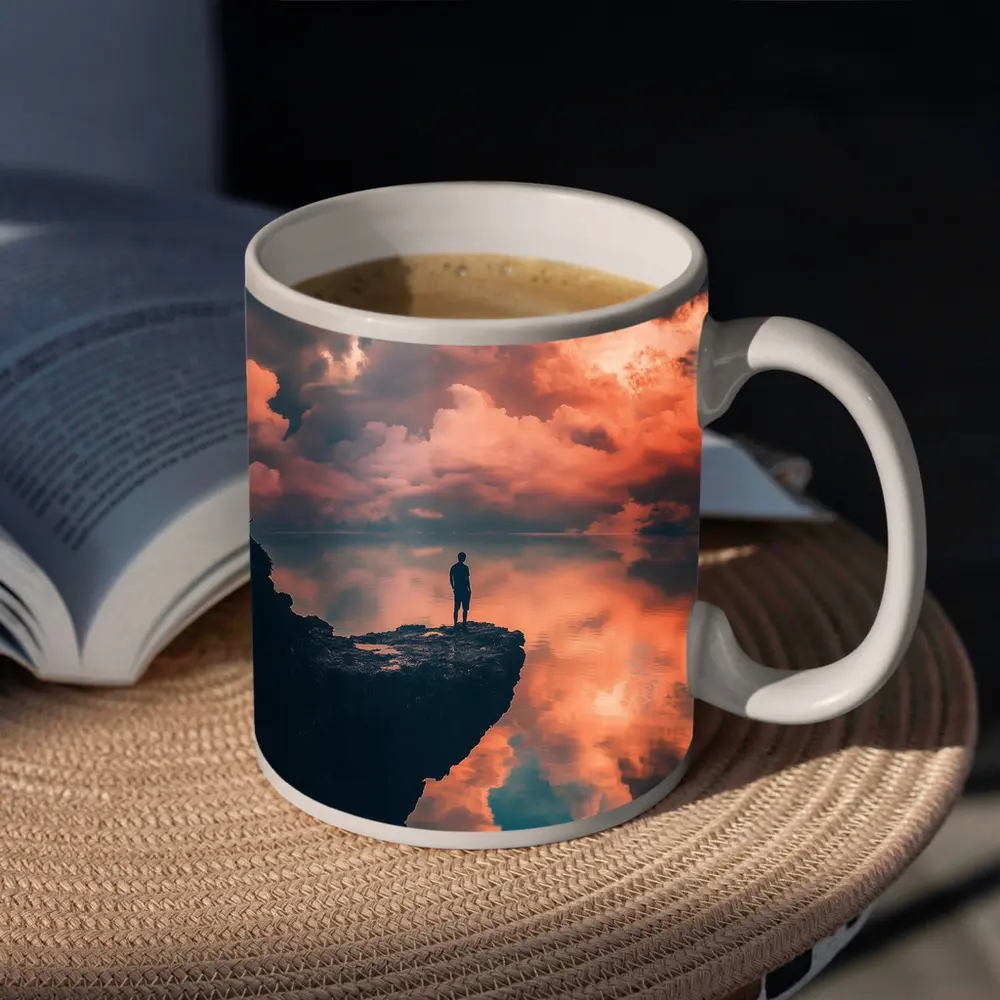 Lone Figure Standing on Cliff Dramatic Sky – Mugs