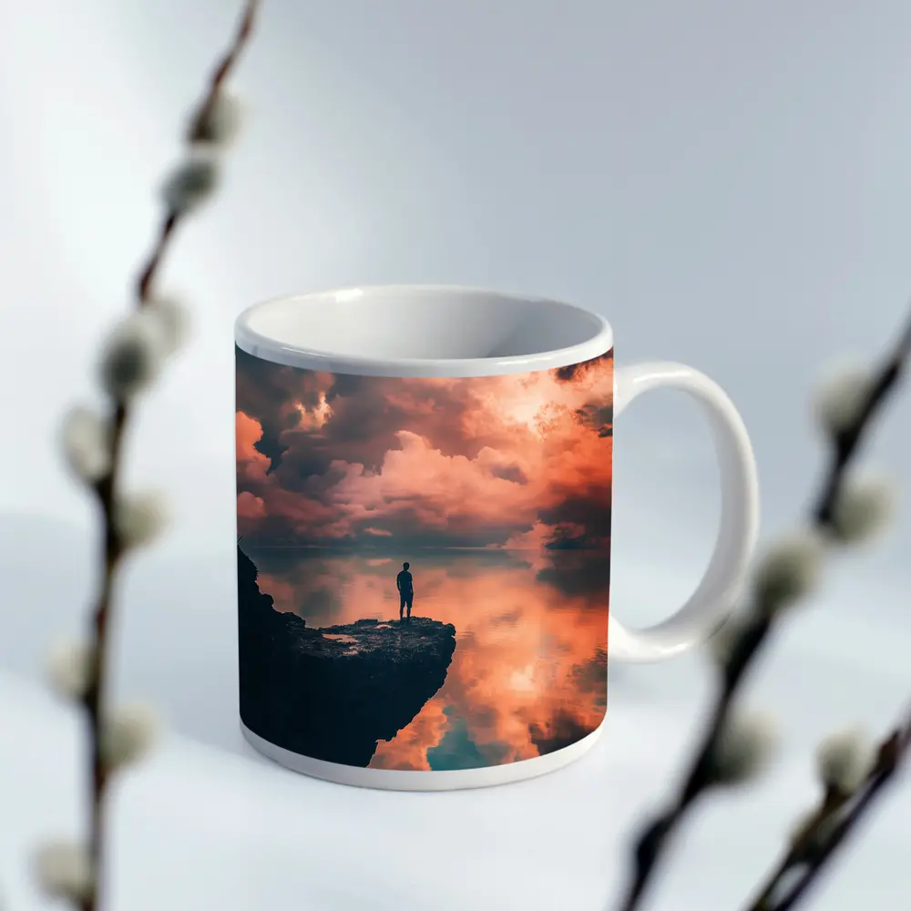 Lone Figure Standing on Cliff Dramatic Sky – Mugs