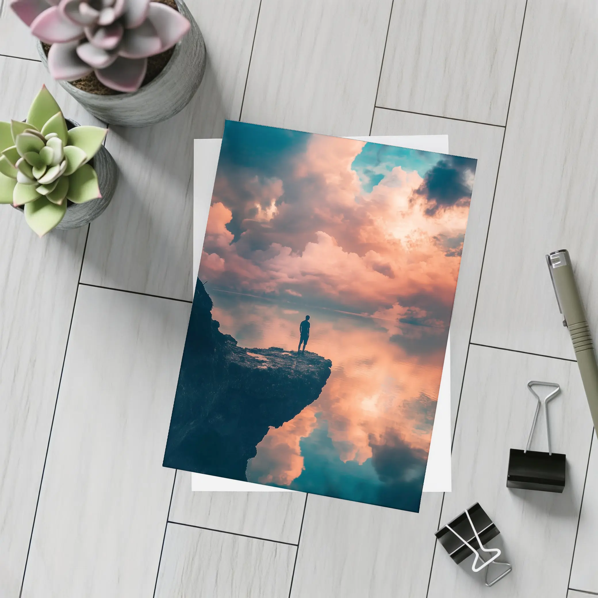 Lone Figure Standing on Cliff Dramatic Sky – Postcards