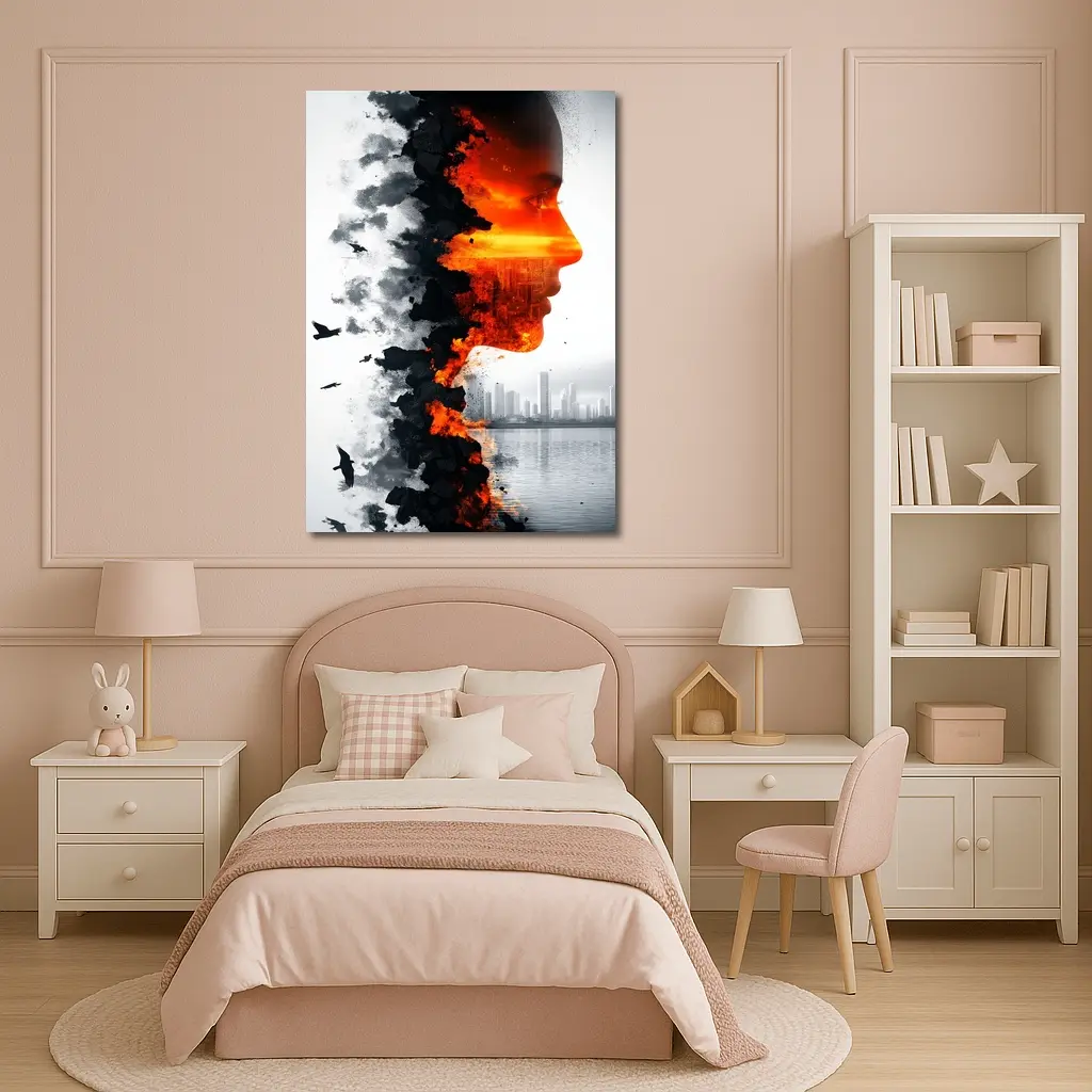 Woman Face Double Exposure City Skyline – Wall Art
