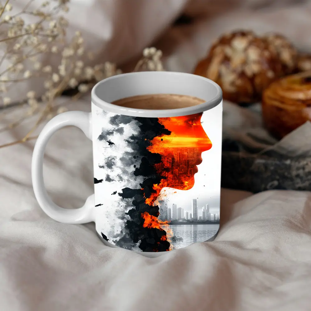 Woman Face Double Exposure City Skyline – Mugs