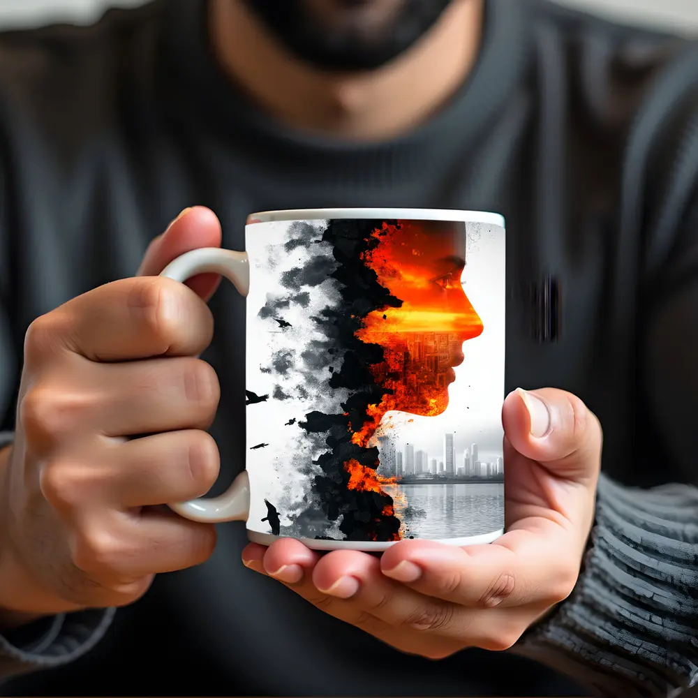 Woman Face Double Exposure City Skyline – Mugs