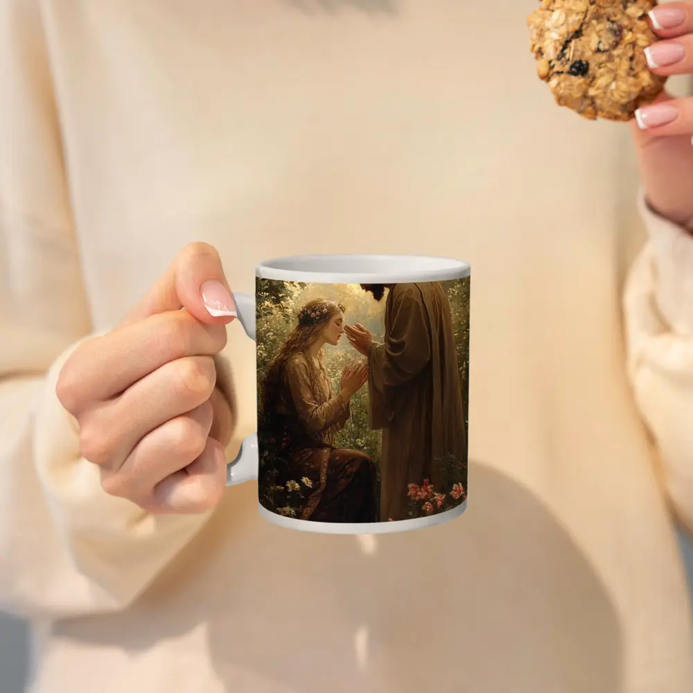 Jesus Blessing Woman Garden Religious Oil Painting – Mugs